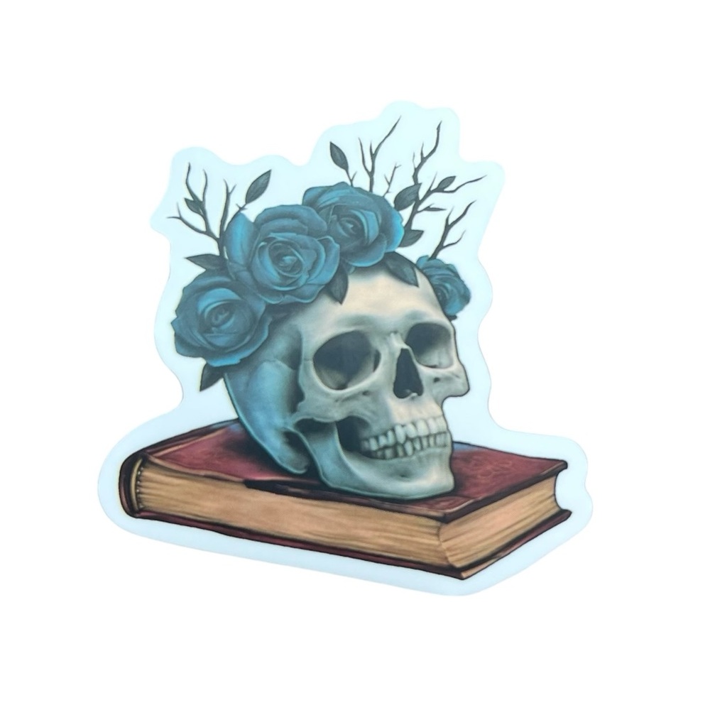Skull with Black Roses and Book Sticker Gothic Book Lover Kindle Decor